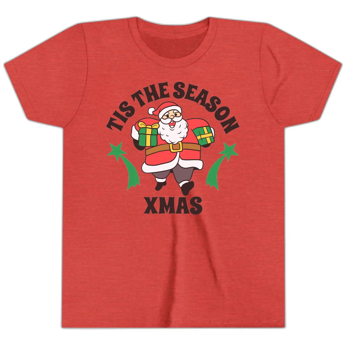Tis The Season For Presents Santa Youth T-Shirt in Heather Red