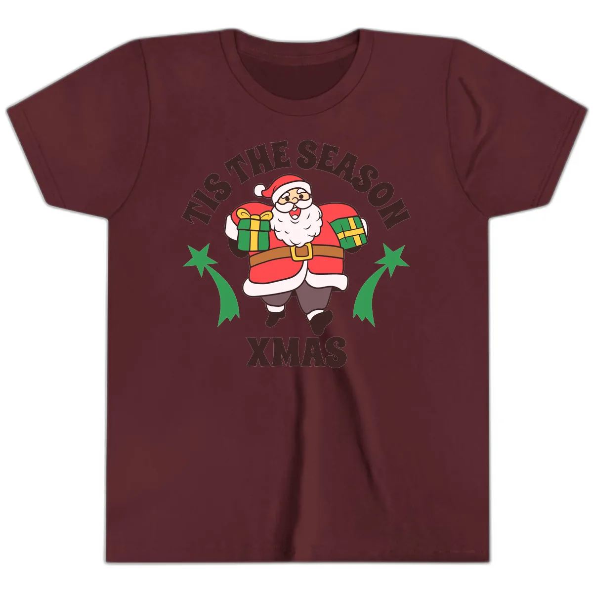 Tis The Season For Presents Santa Youth T-Shirt in Maroon