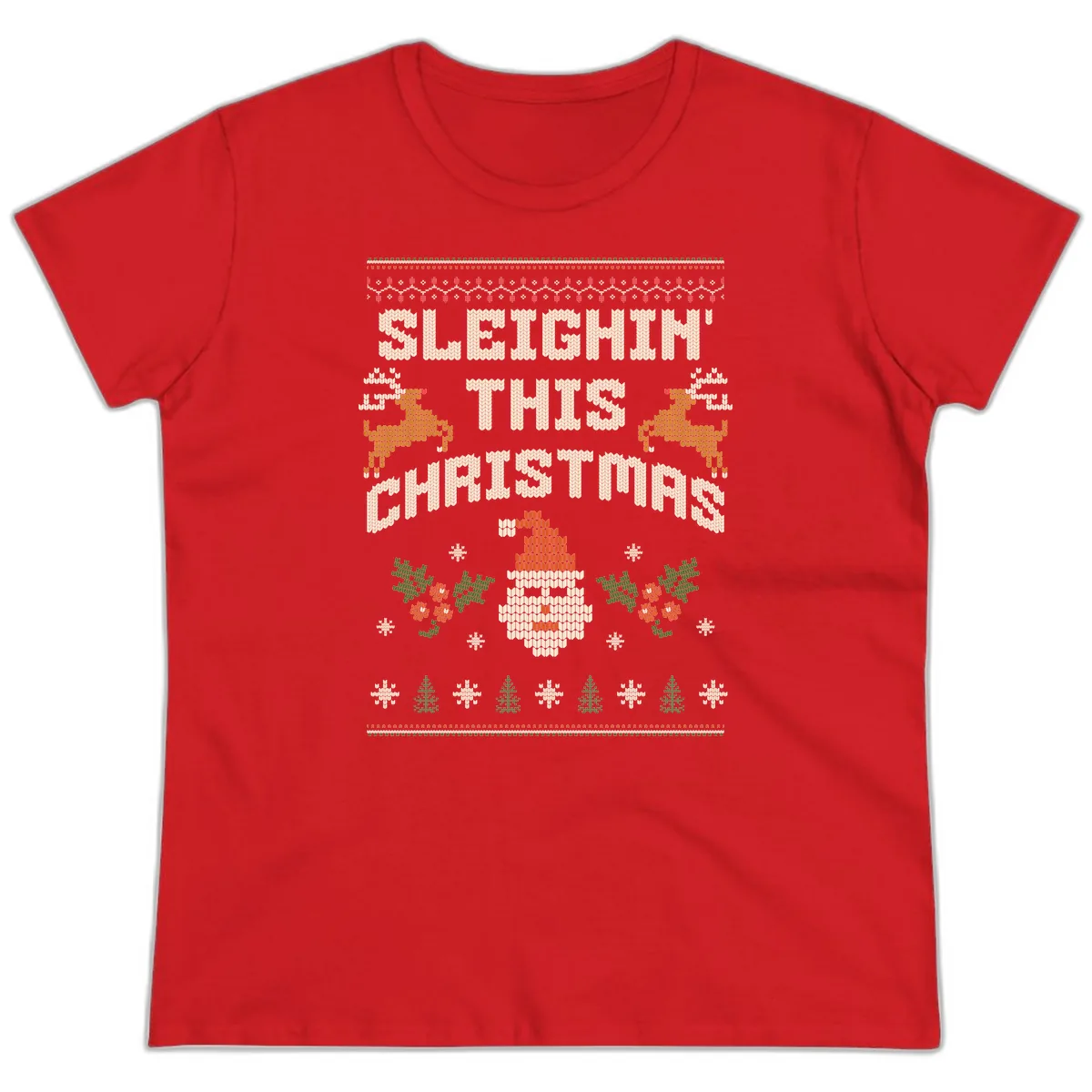 Sleighin' This Christmas Design Ladies Tee in Red