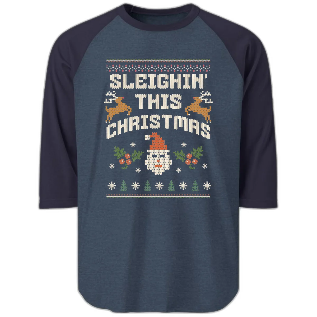 Sleighin' This Christmas Design Raglan 3/4 in Heather Denim Navy