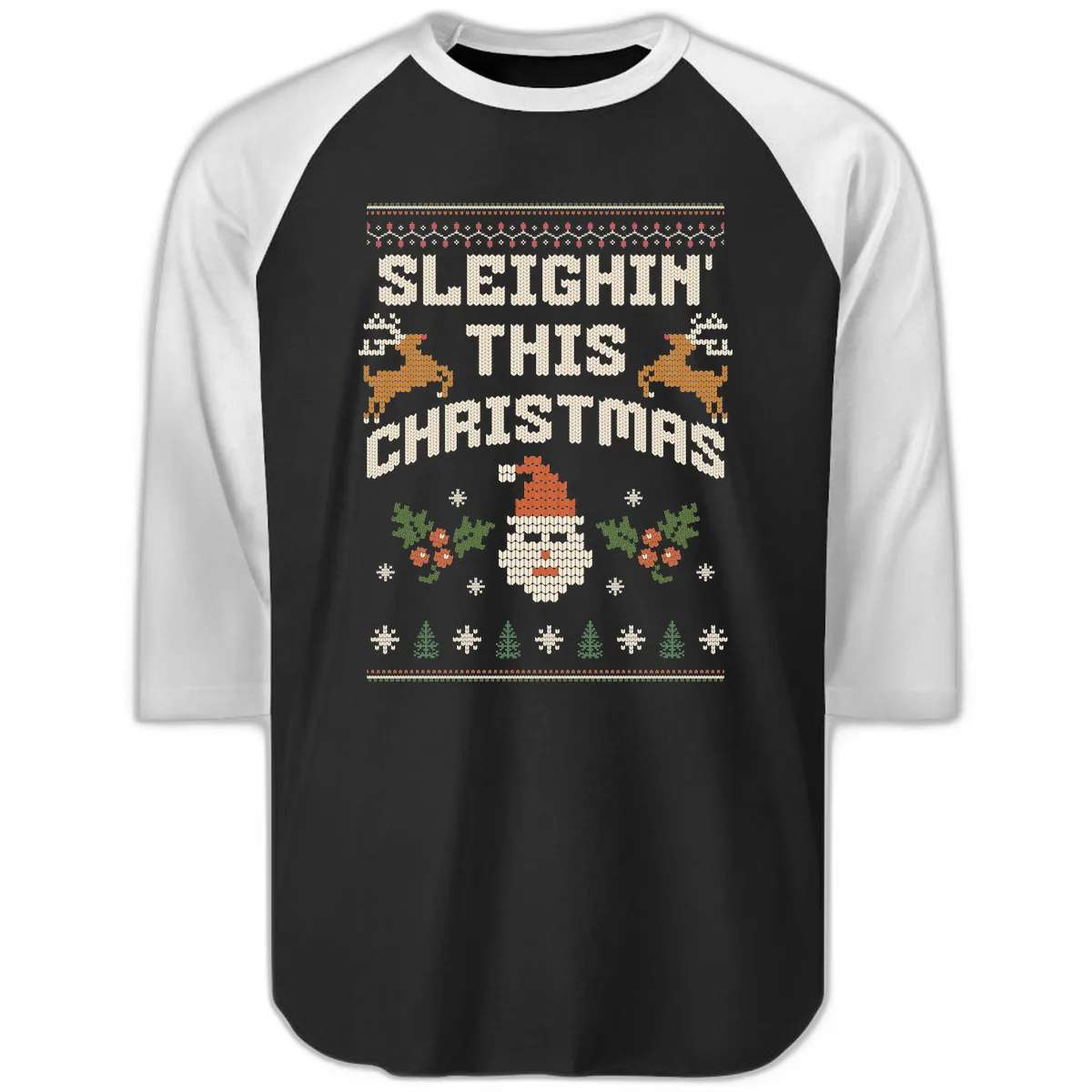 Sleighin' This Christmas Design Raglan 3/4 in Black White