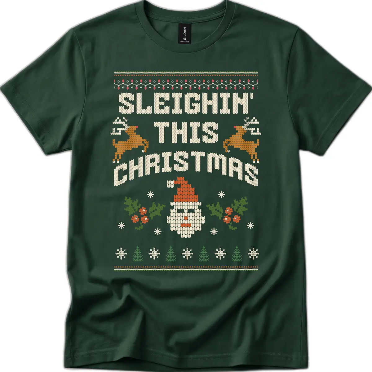 Sleighin' This Christmas Design T-Shirt in Forest Green