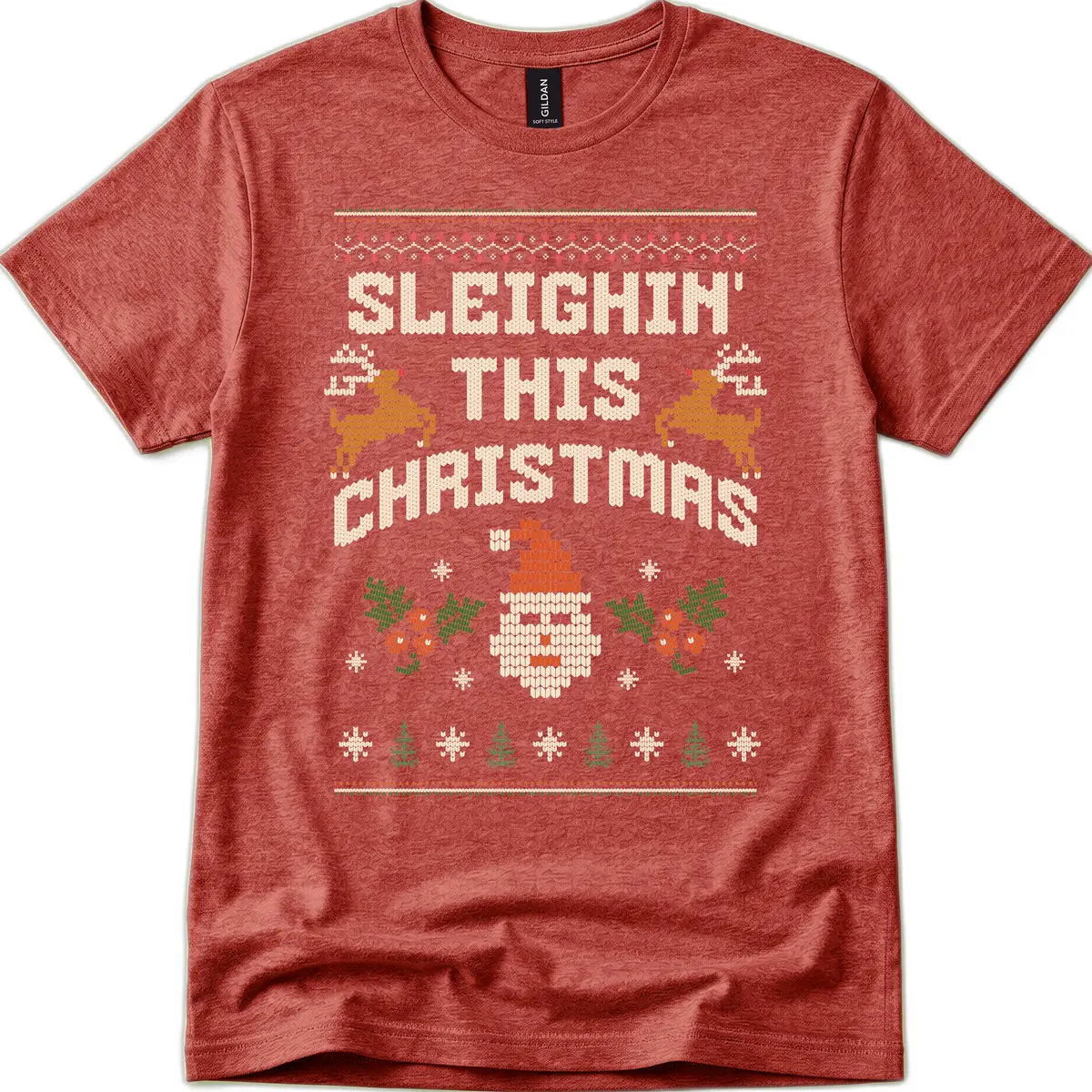 Sleighin' This Christmas Design T-Shirt in Heather Cardinal