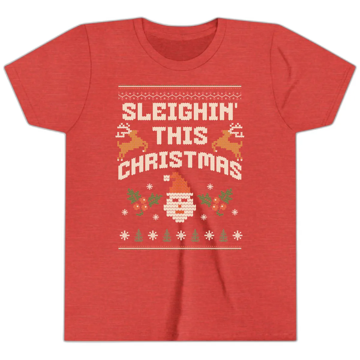 Sleighin' This Christmas Design Youth T-Shirt in Heather Red