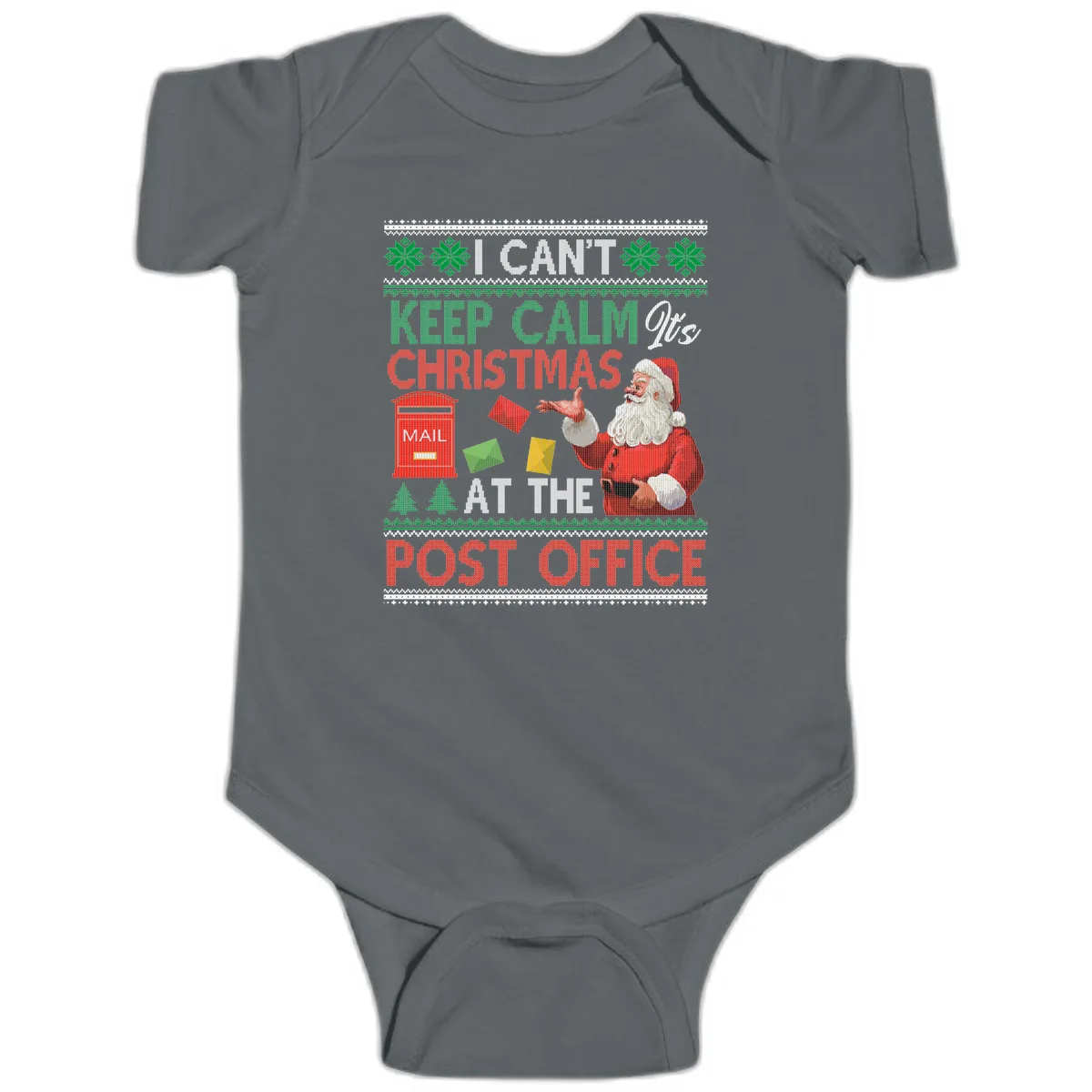 Keep Calm It's Christmas At The Post Office Baby Onesie in Charcoal