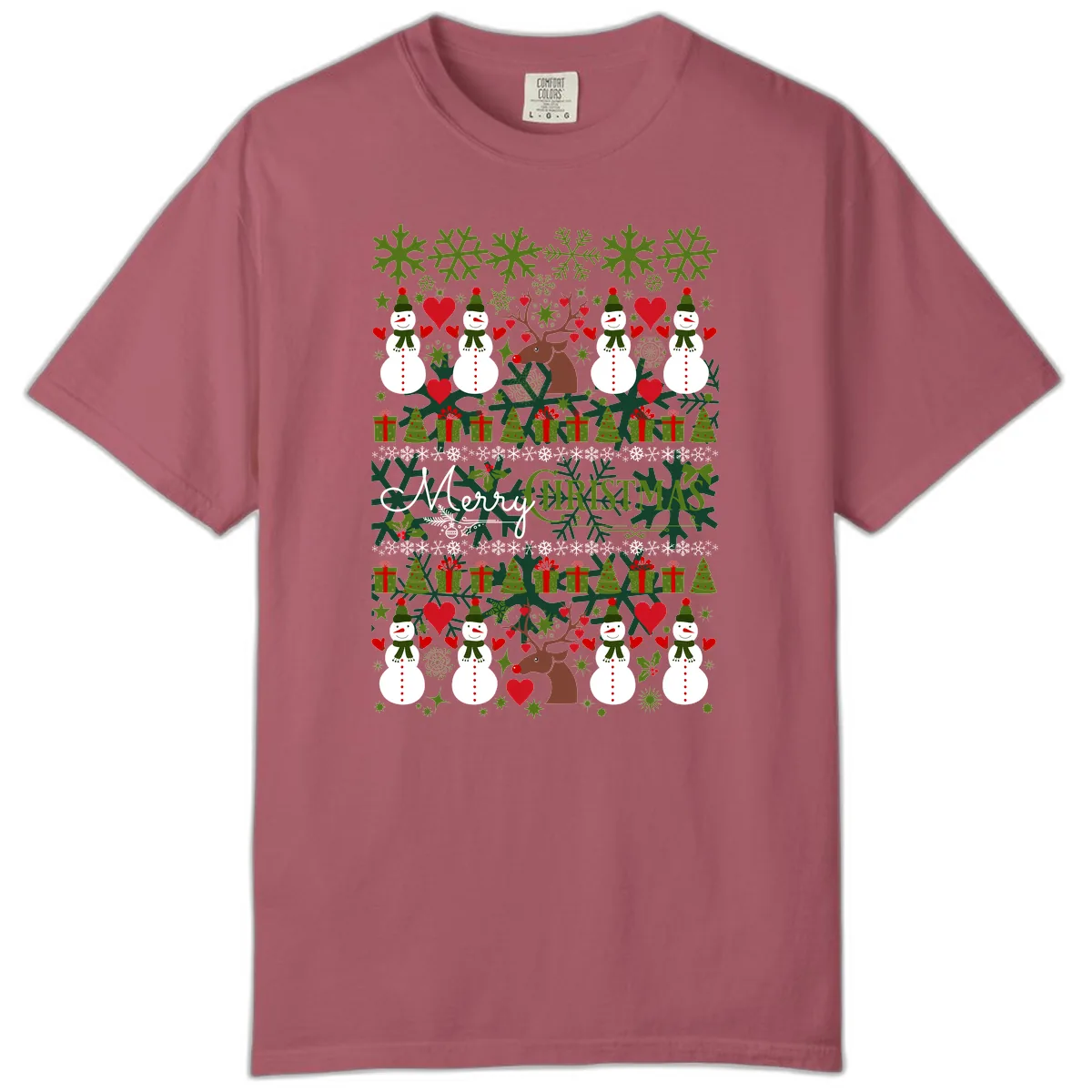 Merry Snowman Christmas Pattern Comfort Color in Crimson