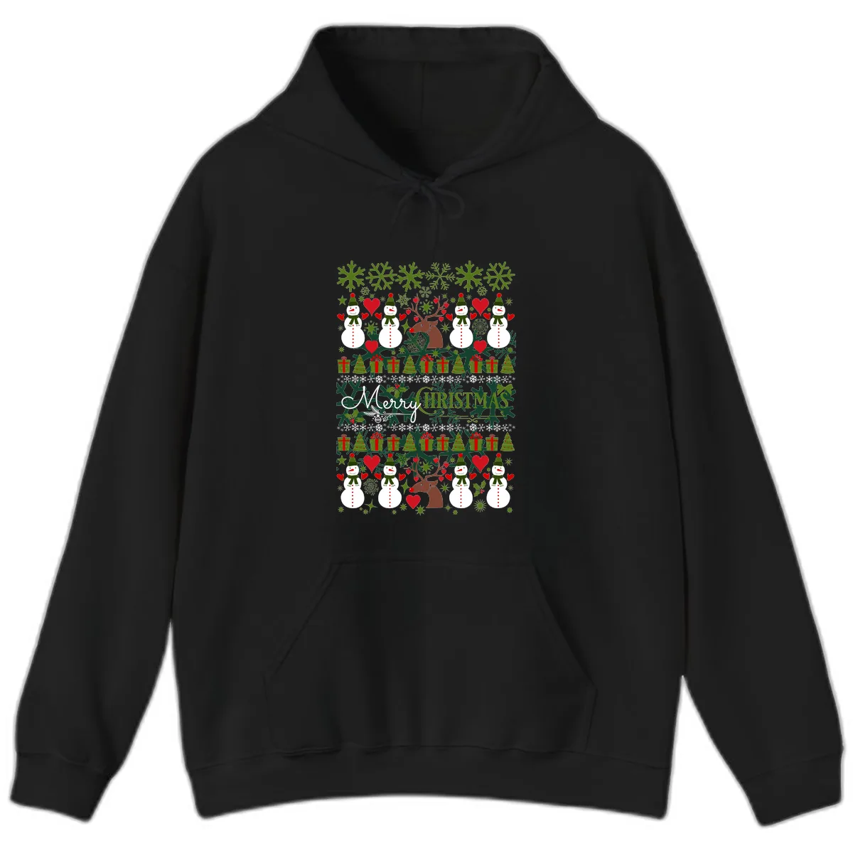 Merry Snowman Christmas Pattern Hoodie in Black