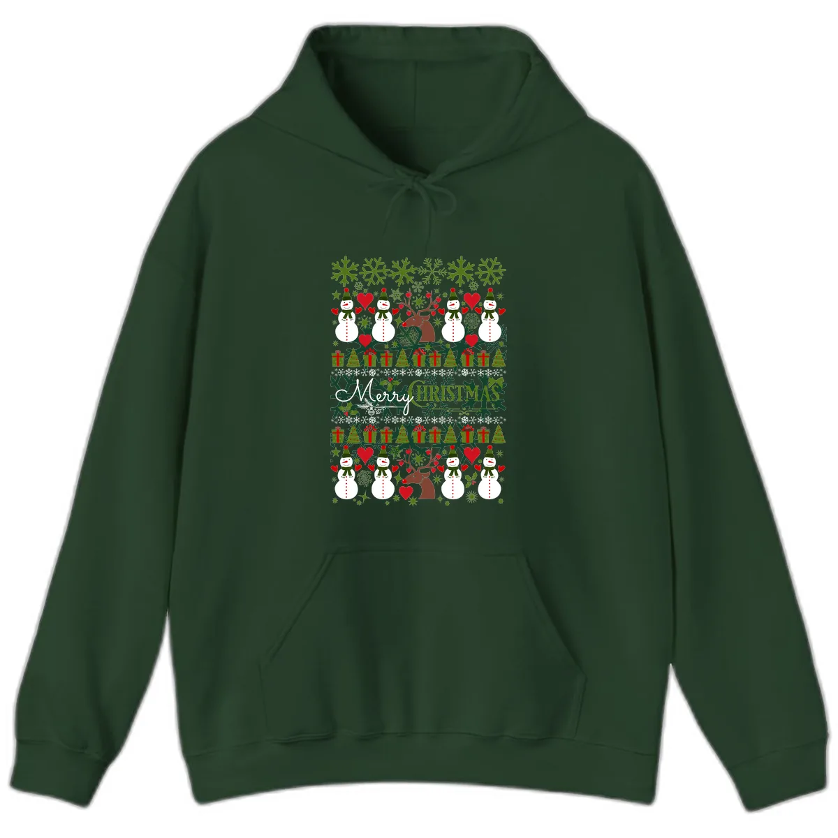 Merry Snowman Christmas Pattern Hoodie in Forest Green