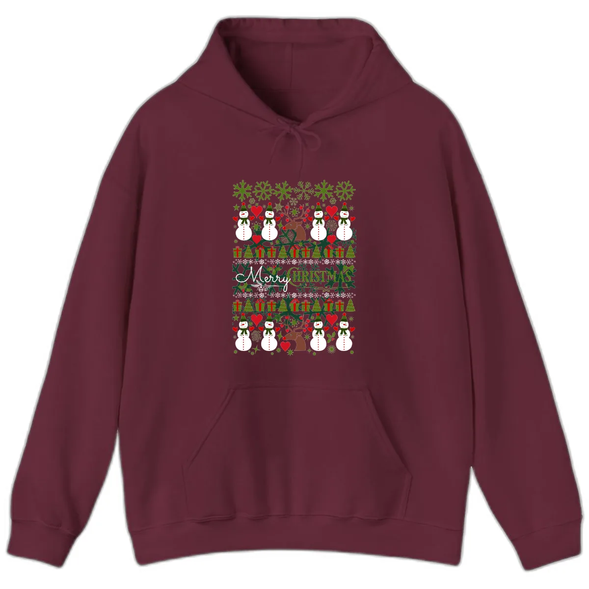 Merry Snowman Christmas Pattern Hoodie in Maroon