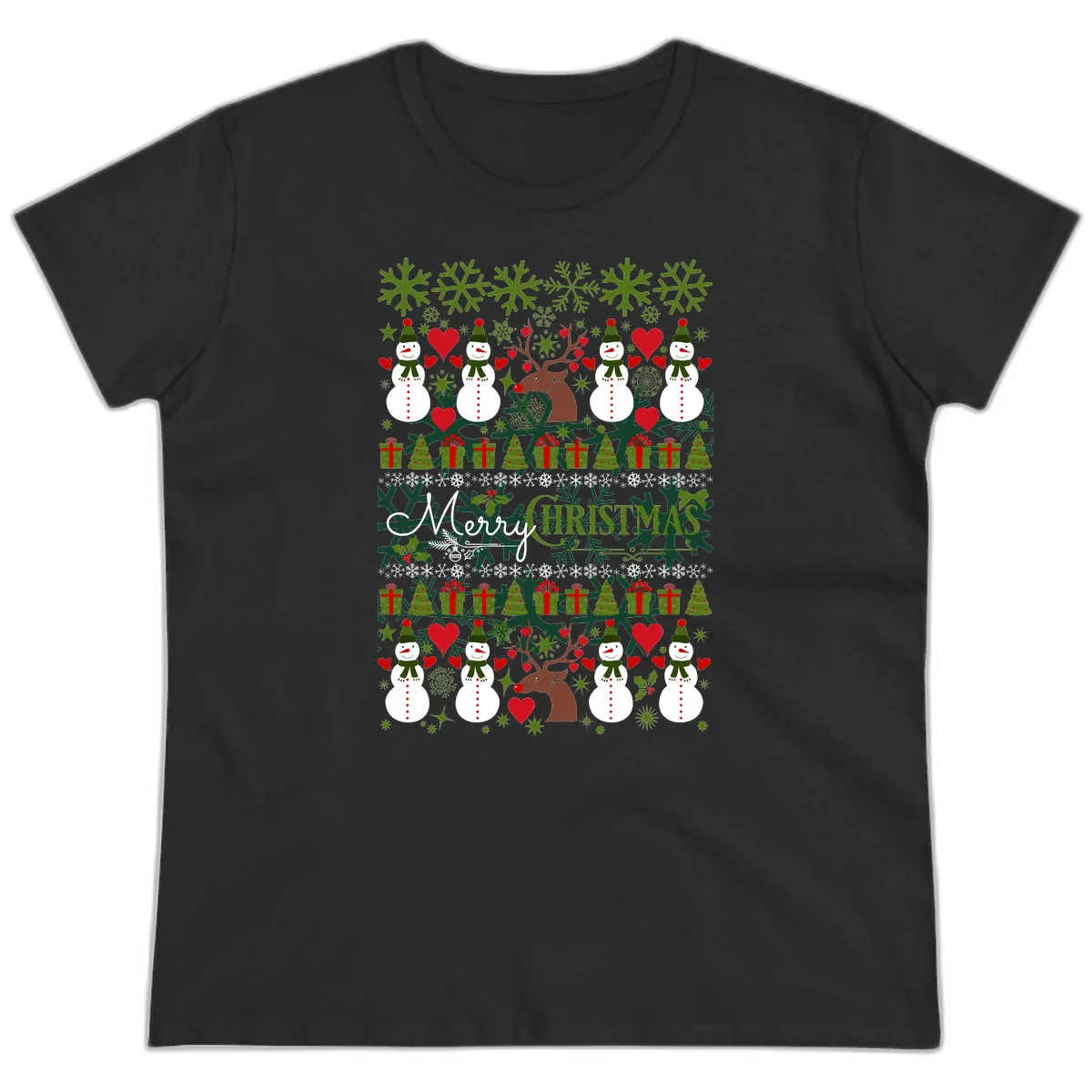 Merry Snowman Christmas Pattern Ladies Tee in Black
