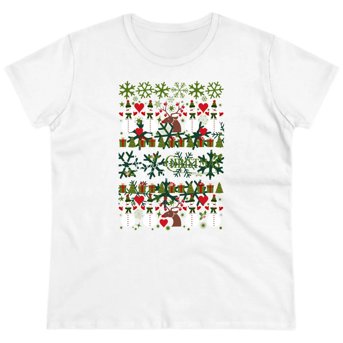 Merry Snowman Christmas Pattern Ladies Tee in White