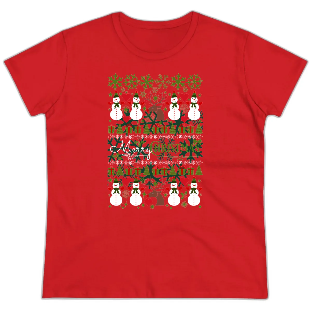 Merry Snowman Christmas Pattern Ladies Tee in Red