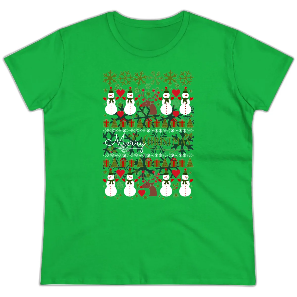 Merry Snowman Christmas Pattern Ladies Tee in Irish Green