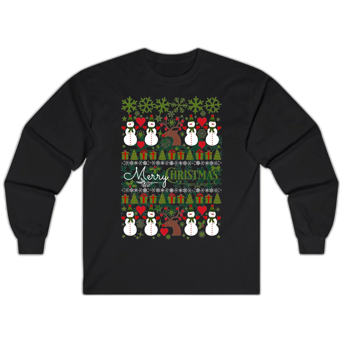 Merry Snowman Christmas Pattern Long Sleeve in Black