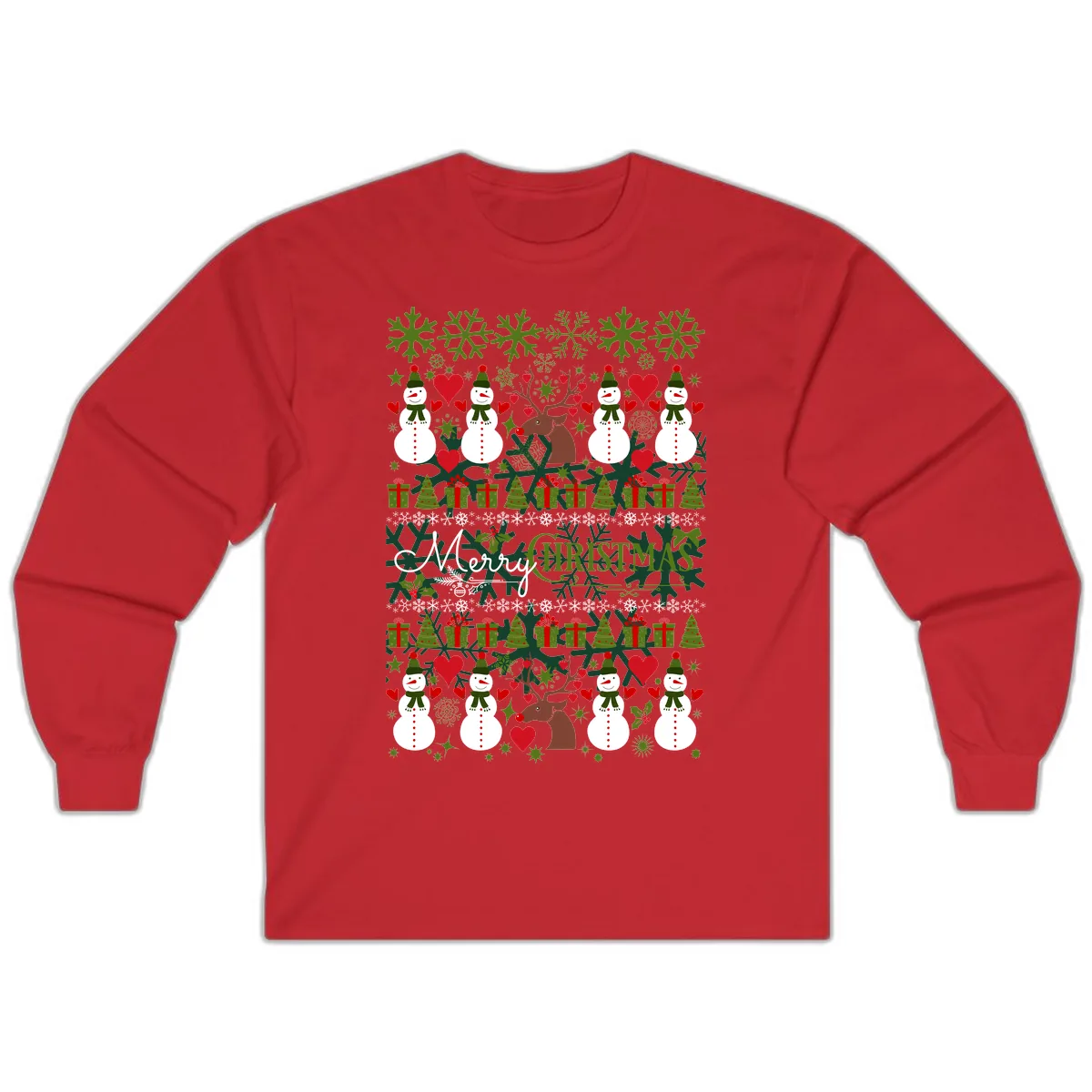 Merry Snowman Christmas Pattern Long Sleeve in Red