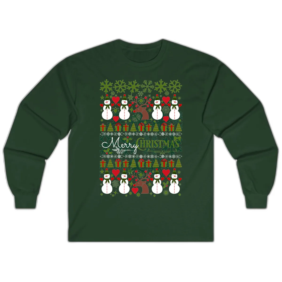 Merry Snowman Christmas Pattern Long Sleeve in Forest Green