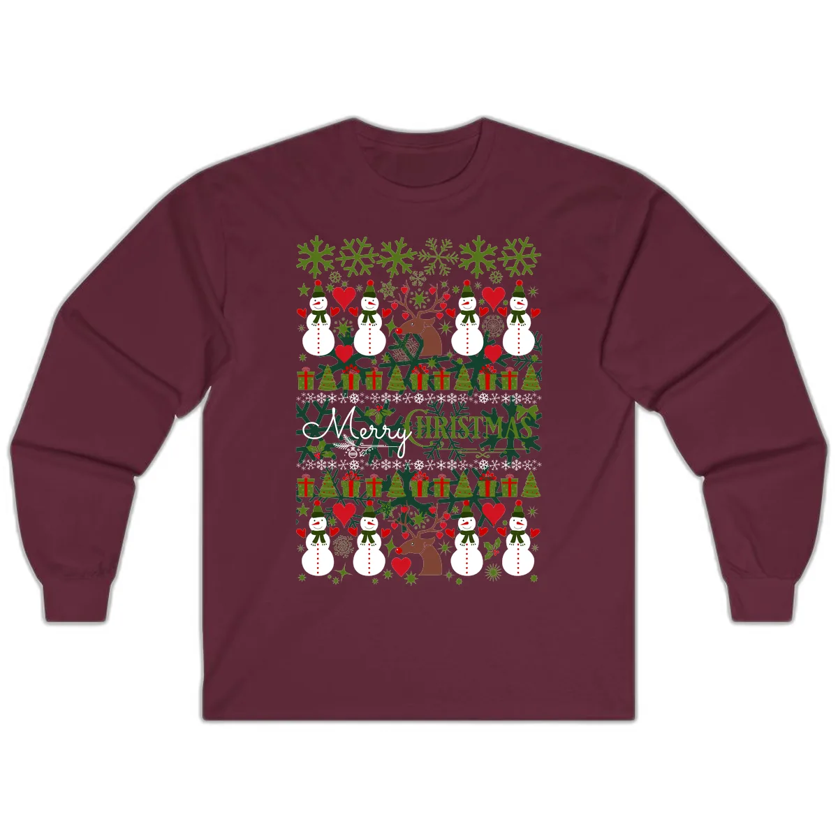 Merry Snowman Christmas Pattern Long Sleeve in Maroon