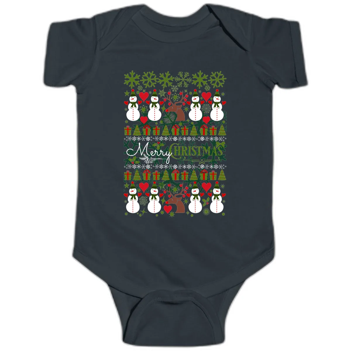 Merry Snowman Christmas Pattern Baby Onesie in Black