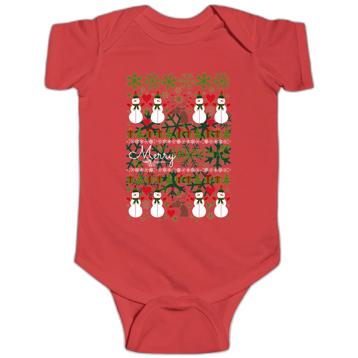 Merry Snowman Christmas Pattern Baby Onesie in Red