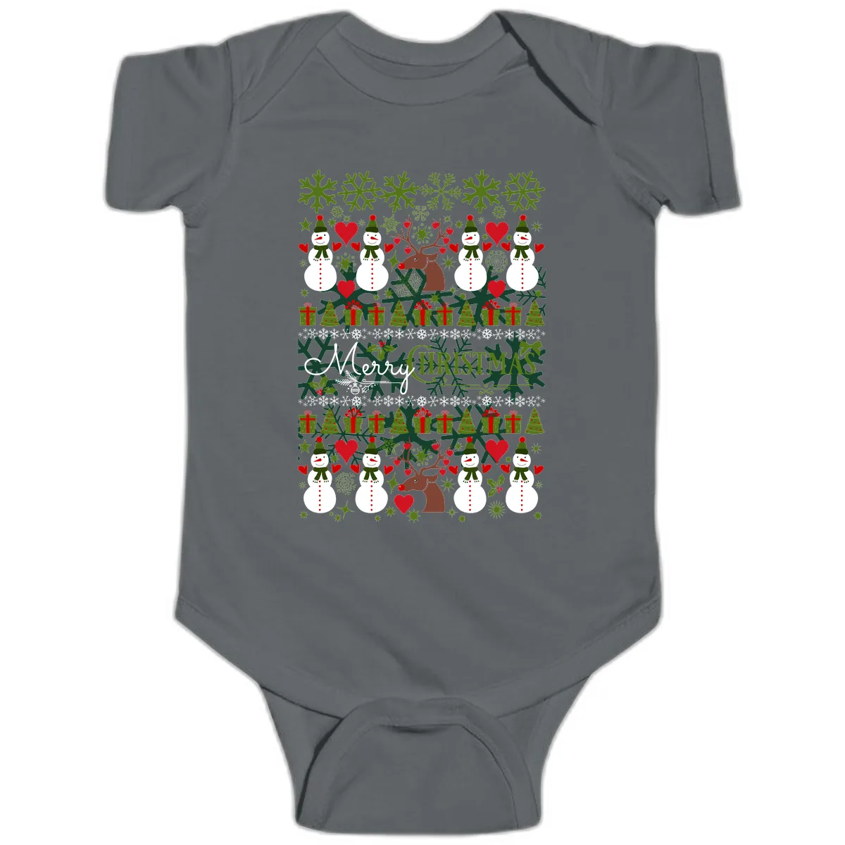 Merry Snowman Christmas Pattern Baby Onesie in Charcoal