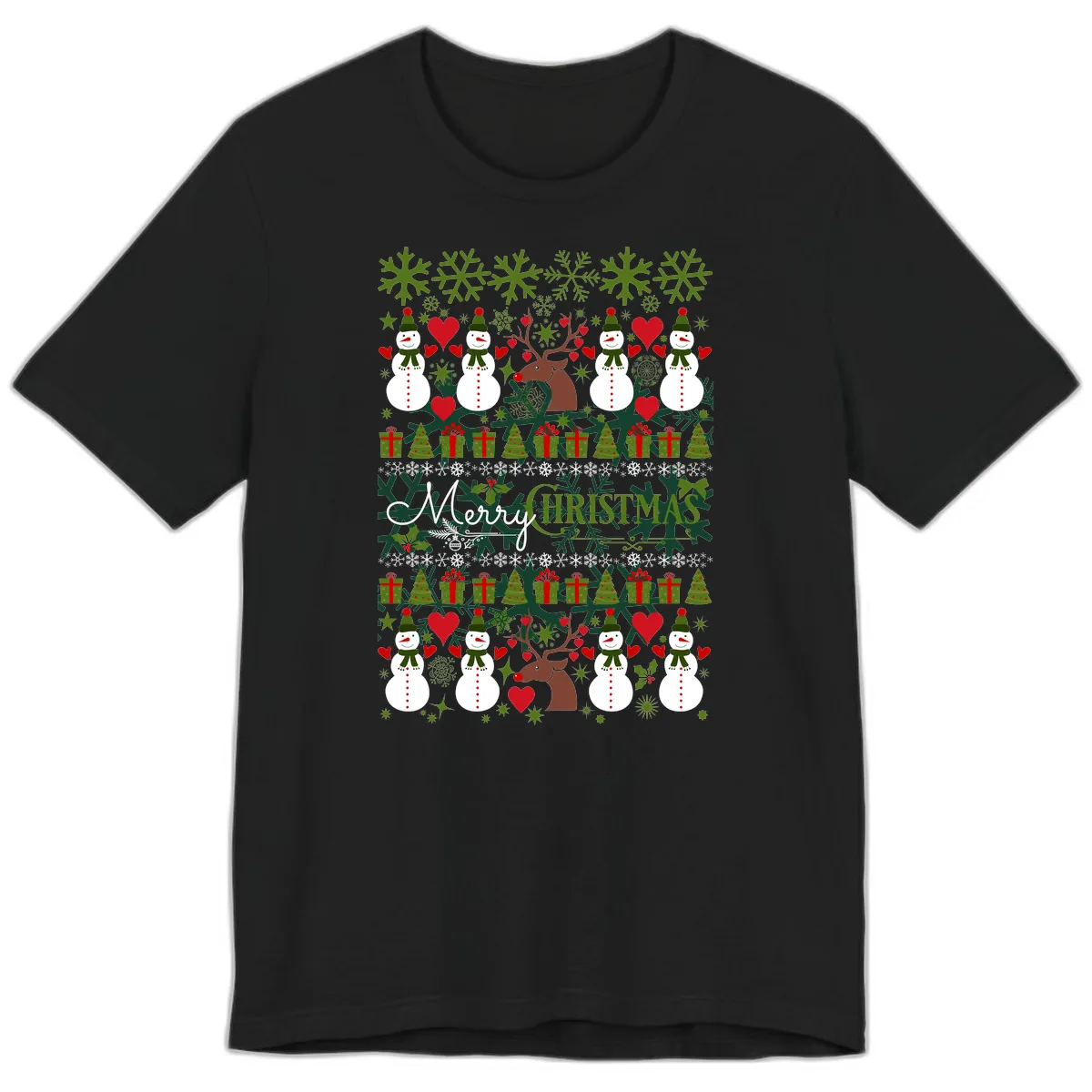Merry Snowman Christmas Pattern Premium T-Shirt in Black