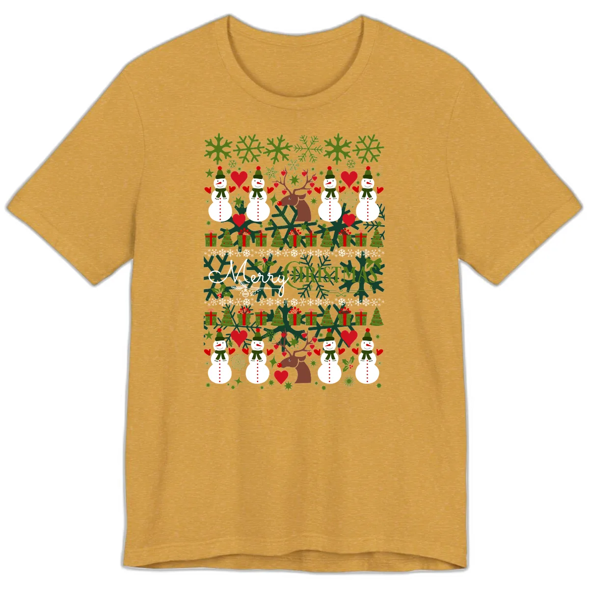 Merry Snowman Christmas Pattern Premium T-Shirt in Heather Mustard