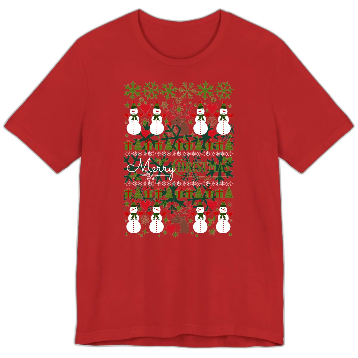 Merry Snowman Christmas Pattern Premium T-Shirt in Red