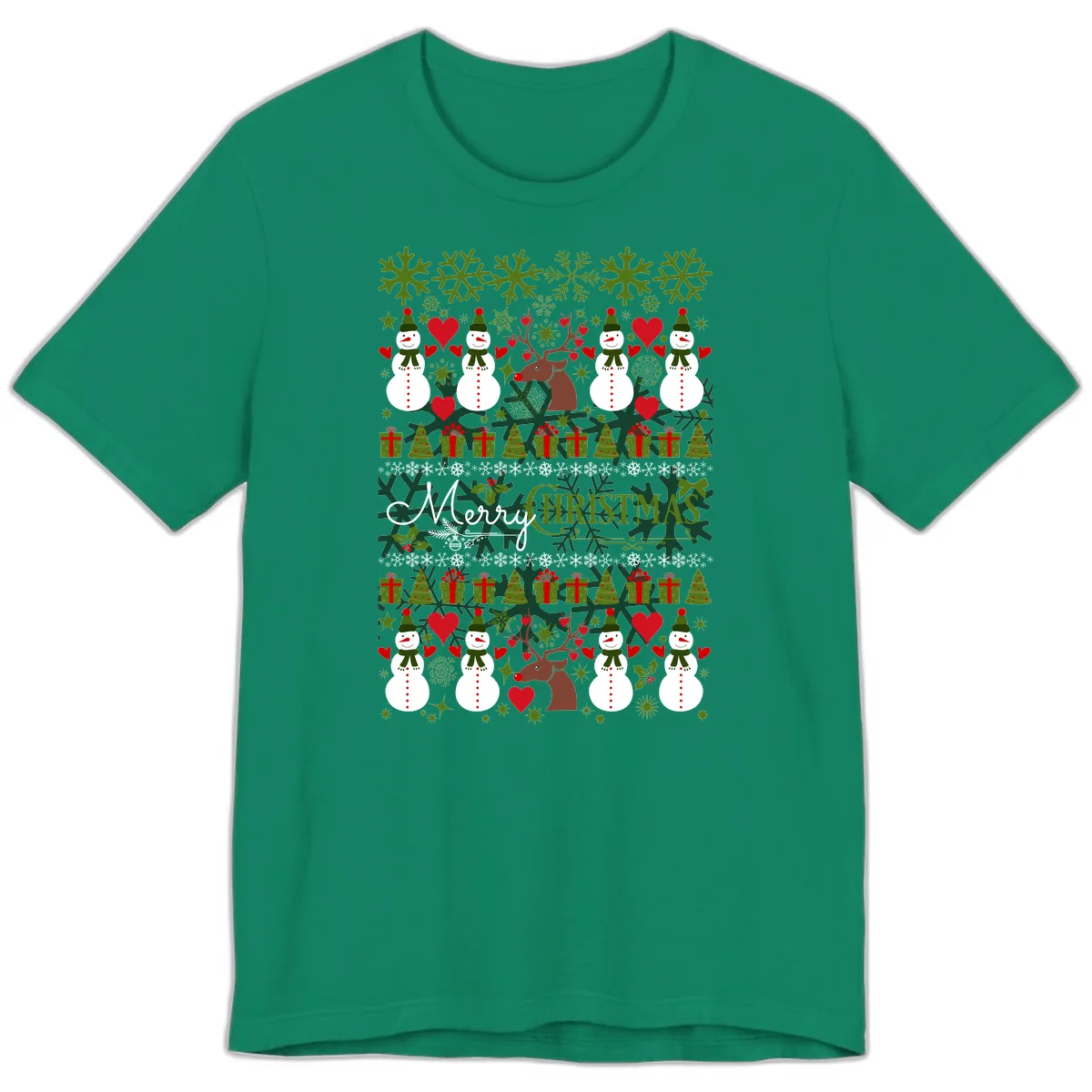 Merry Snowman Christmas Pattern Premium T-Shirt in Kelly