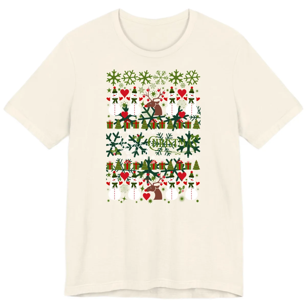 Merry Snowman Christmas Pattern Premium T-Shirt in Natural