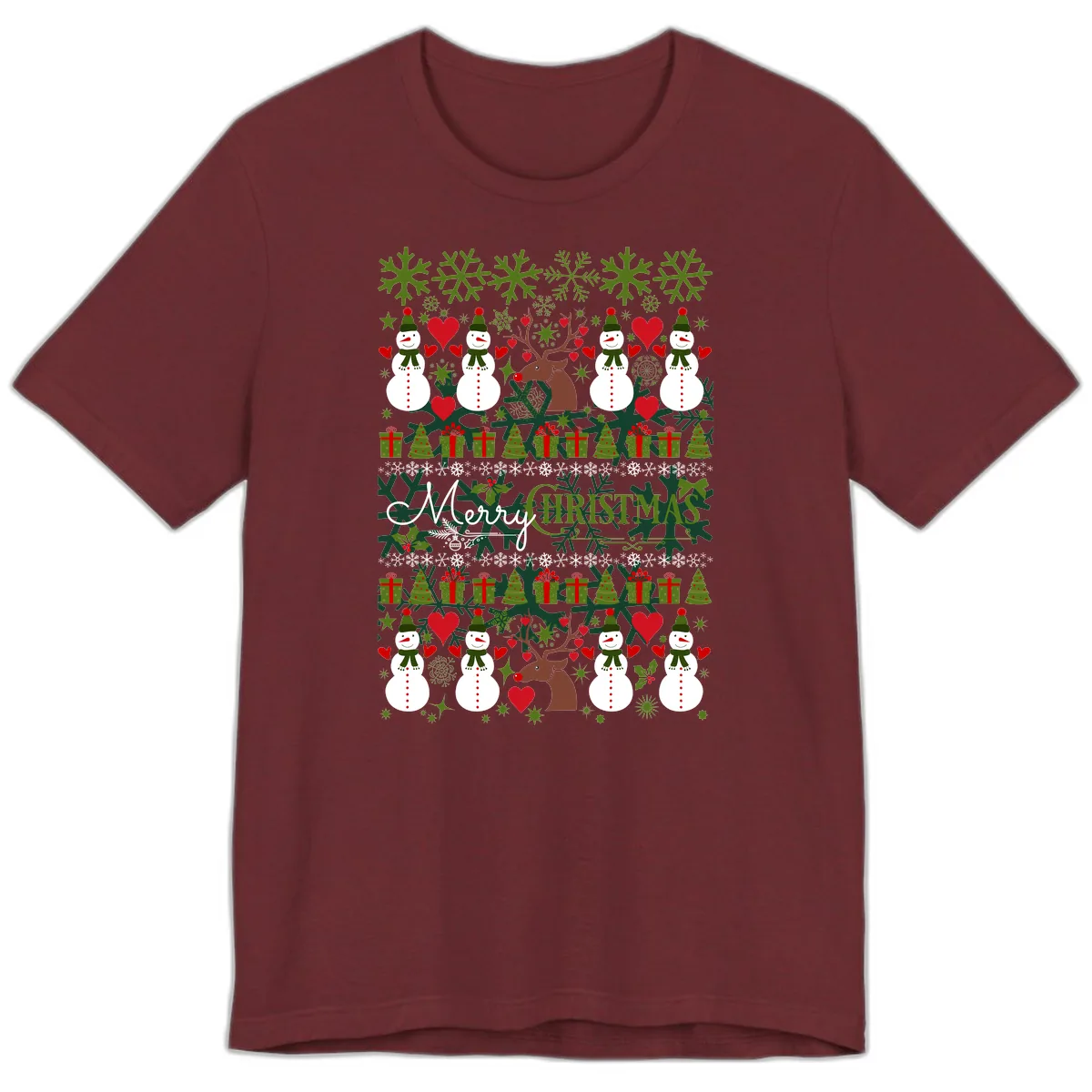 Merry Snowman Christmas Pattern Premium T-Shirt in Heather Cardinal