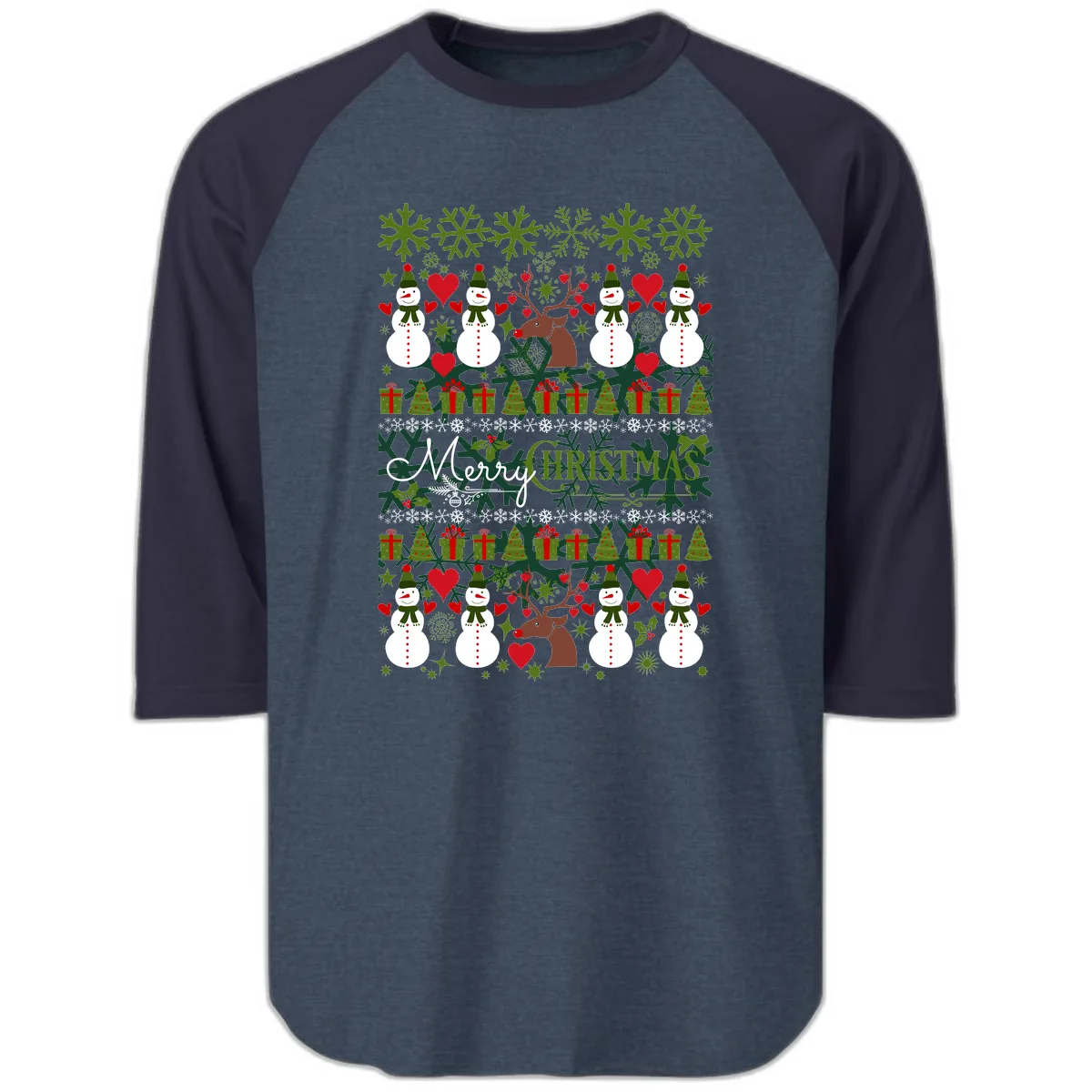 Merry Snowman Christmas Pattern Raglan 3/4 in Heather Denim Navy