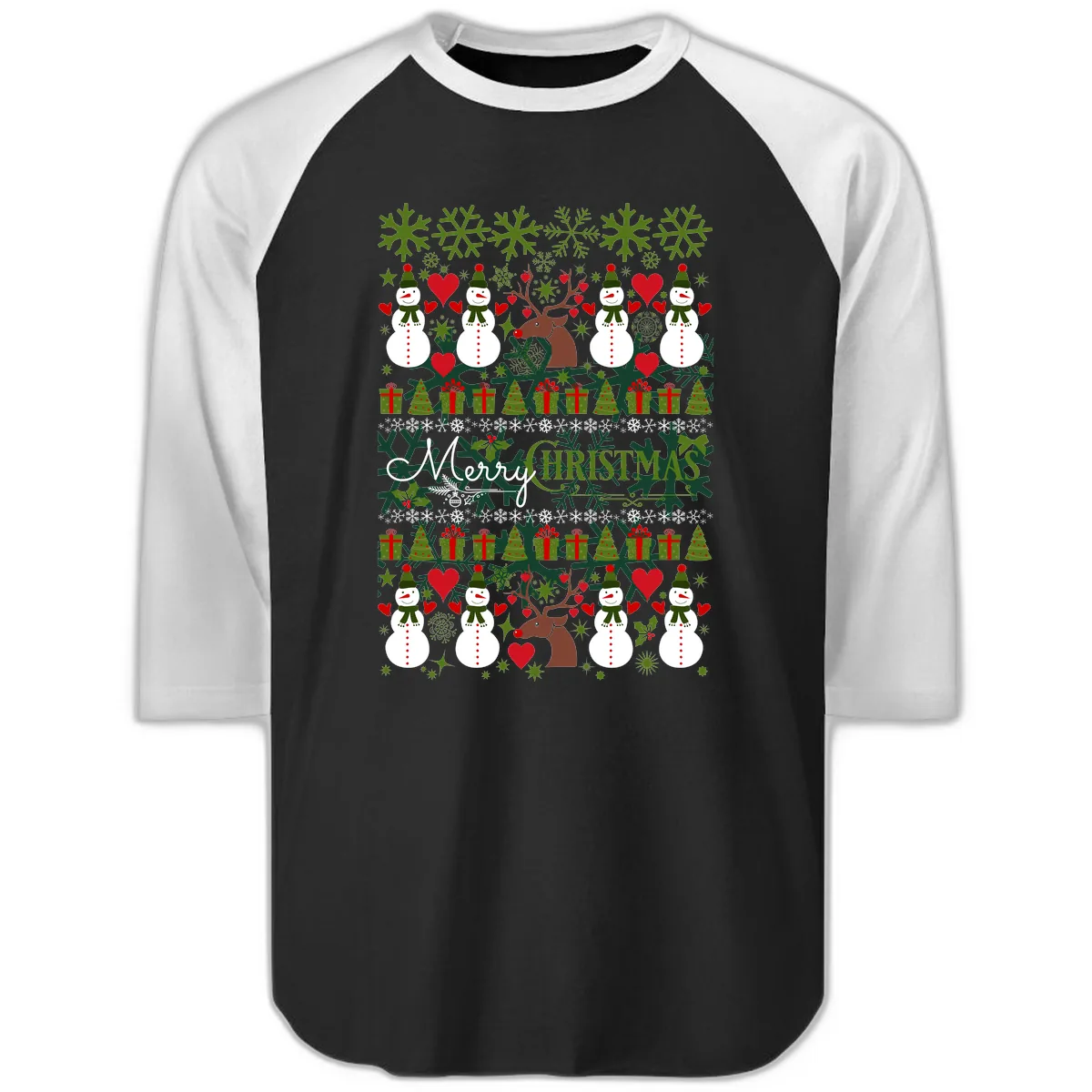 Merry Snowman Christmas Pattern Raglan 3/4 in Black White