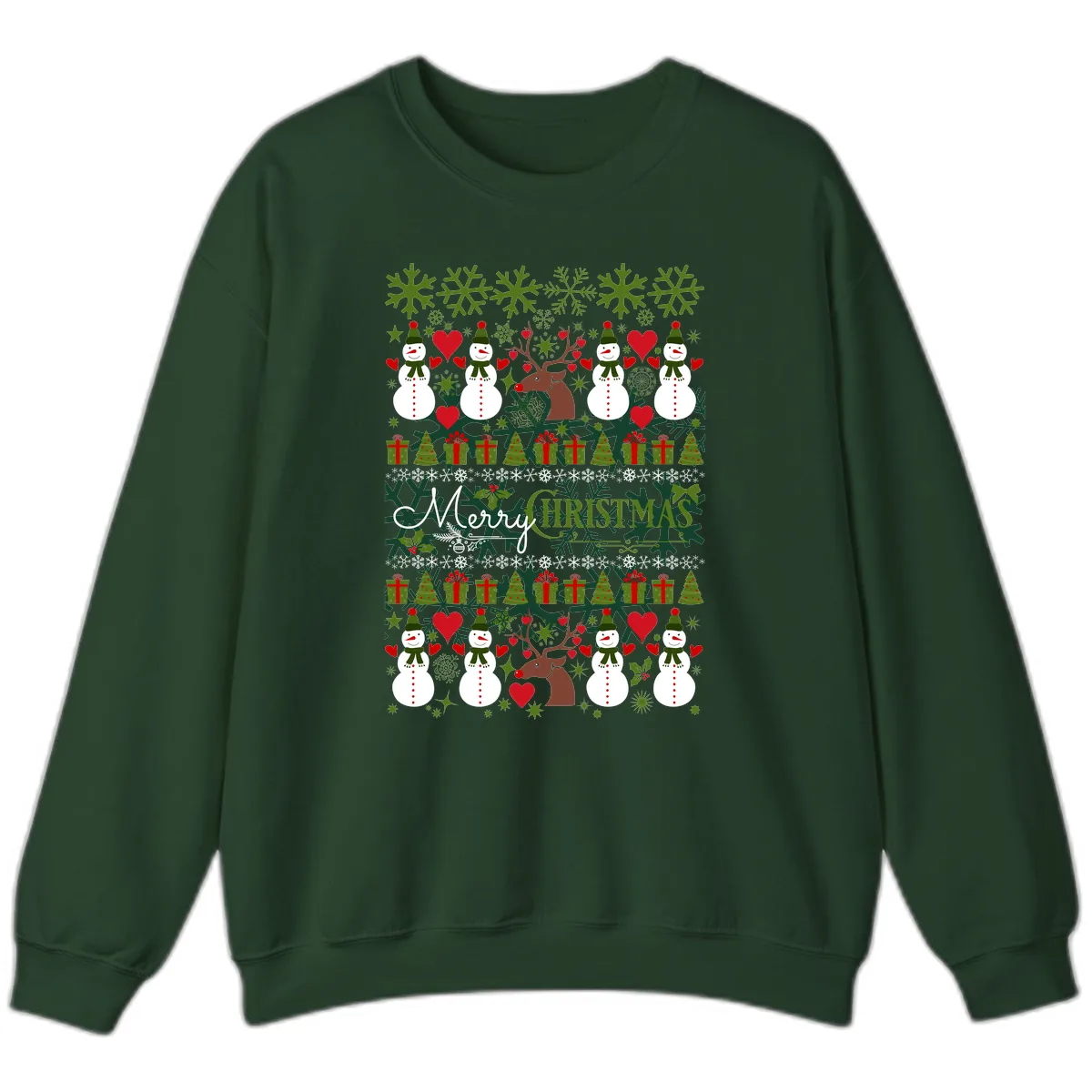 Merry Snowman Christmas Pattern Sweatshirt in Forest Green