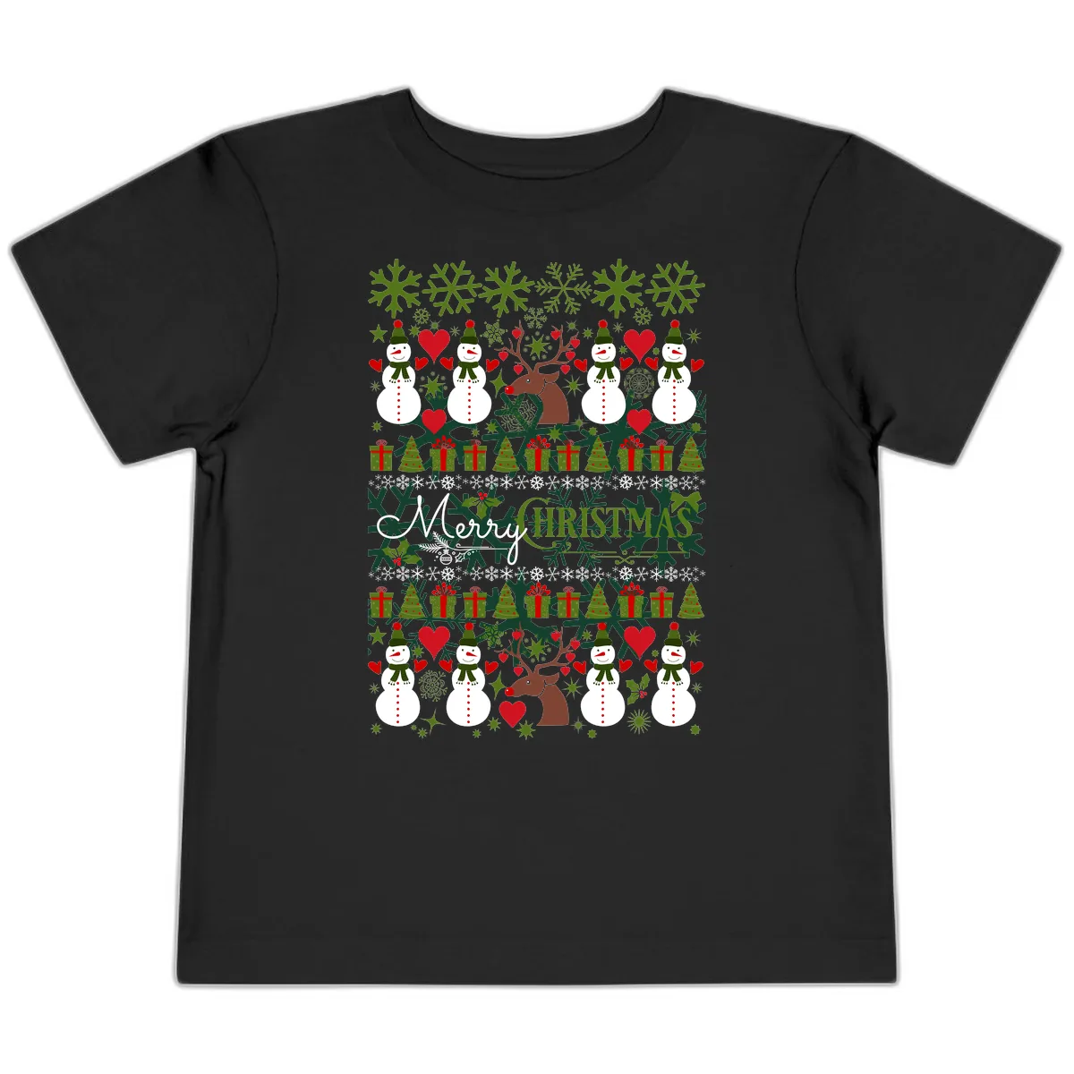 Merry Snowman Christmas Pattern Toddler T-Shirt in Black
