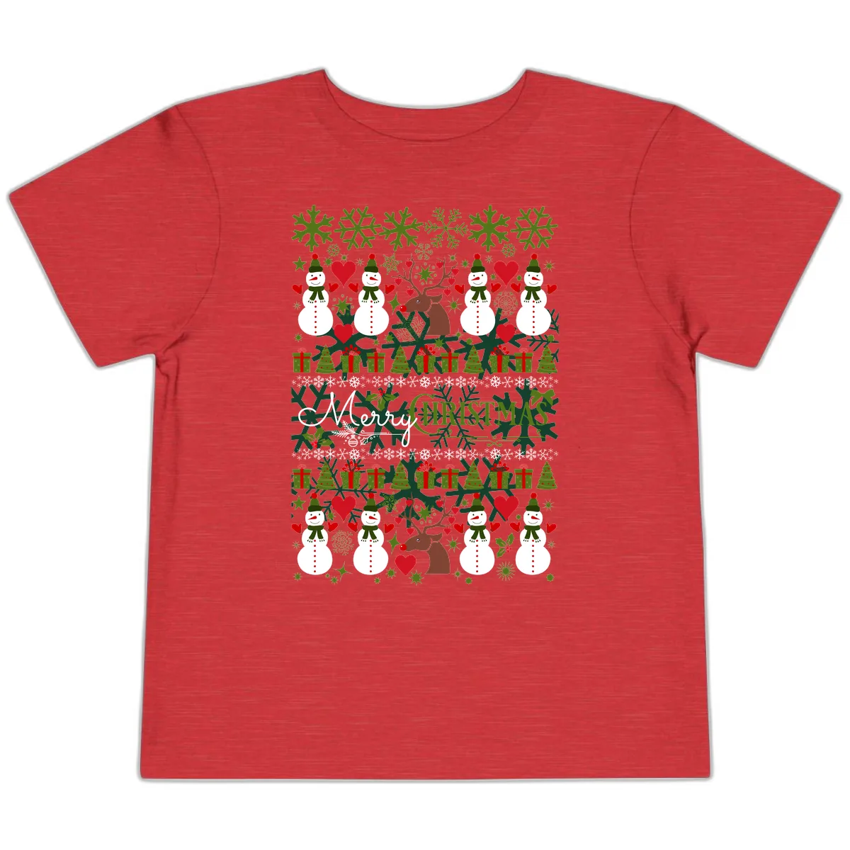 Merry Snowman Christmas Pattern Toddler T-Shirt in Heather Red