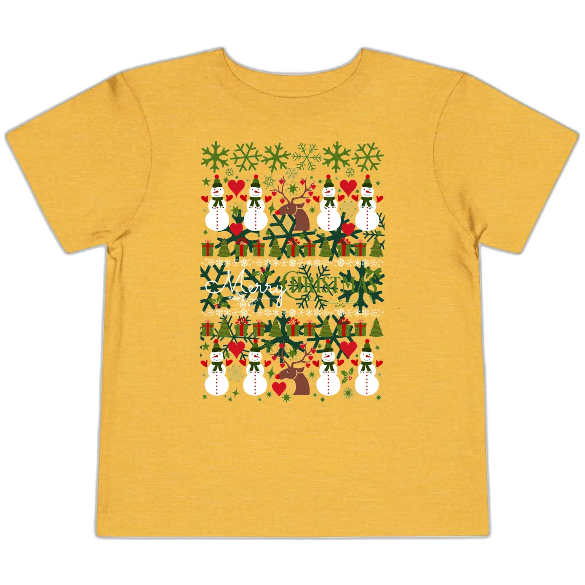 Merry Snowman Christmas Pattern Toddler T-Shirt in Heather Yellow Gold
