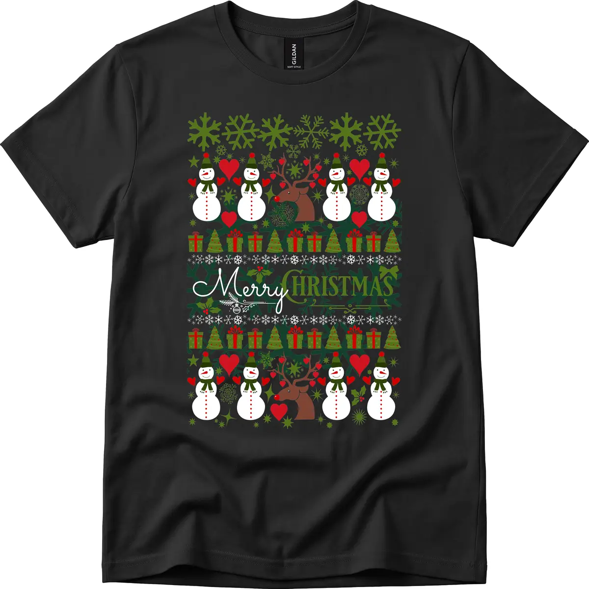 Merry Snowman Christmas Pattern T-Shirt in Black