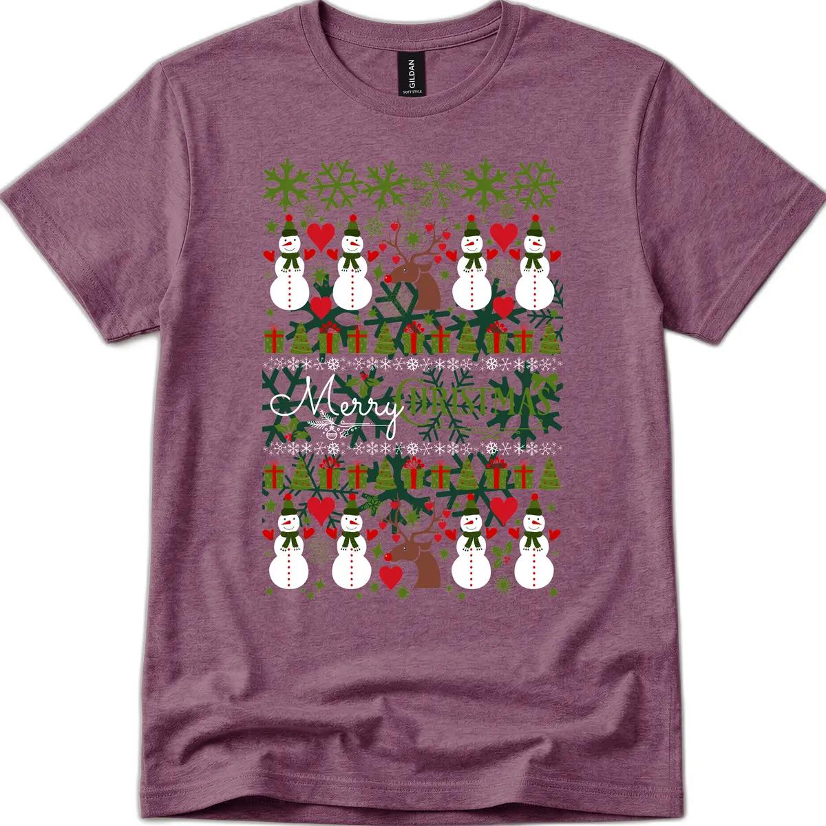Merry Snowman Christmas Pattern T-Shirt in Heather Maroon