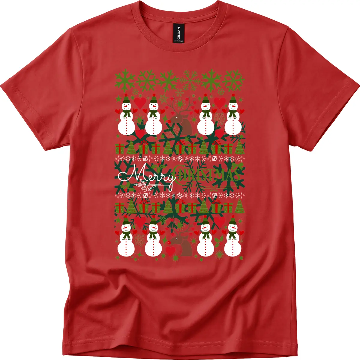 Merry Snowman Christmas Pattern T-Shirt in Red