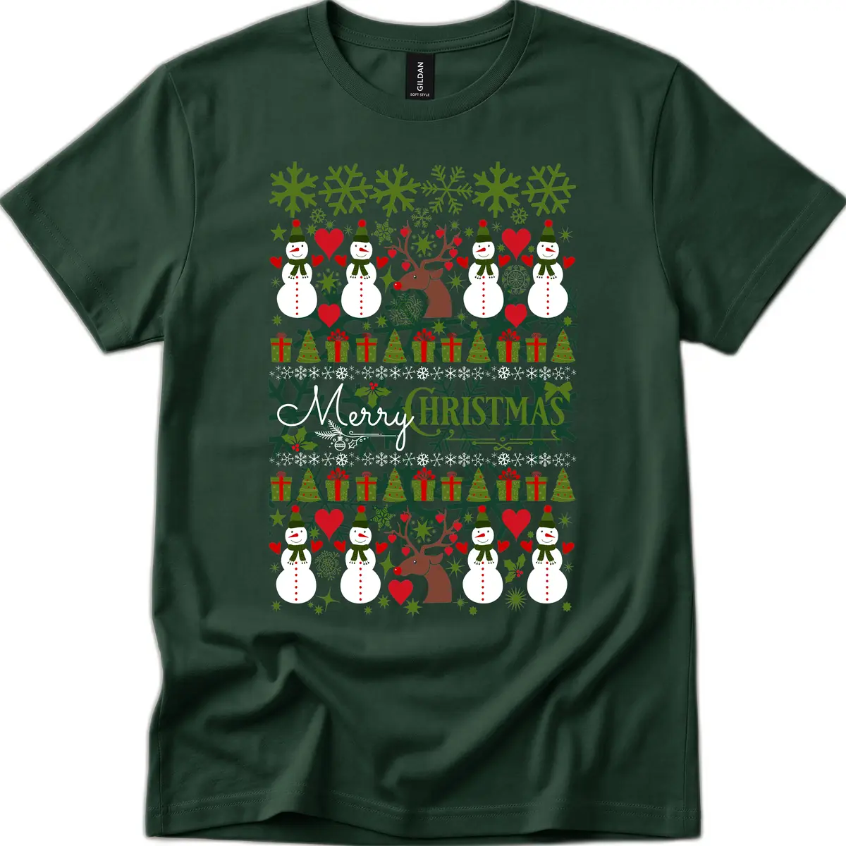 Merry Snowman Christmas Pattern T-Shirt in Forest Green