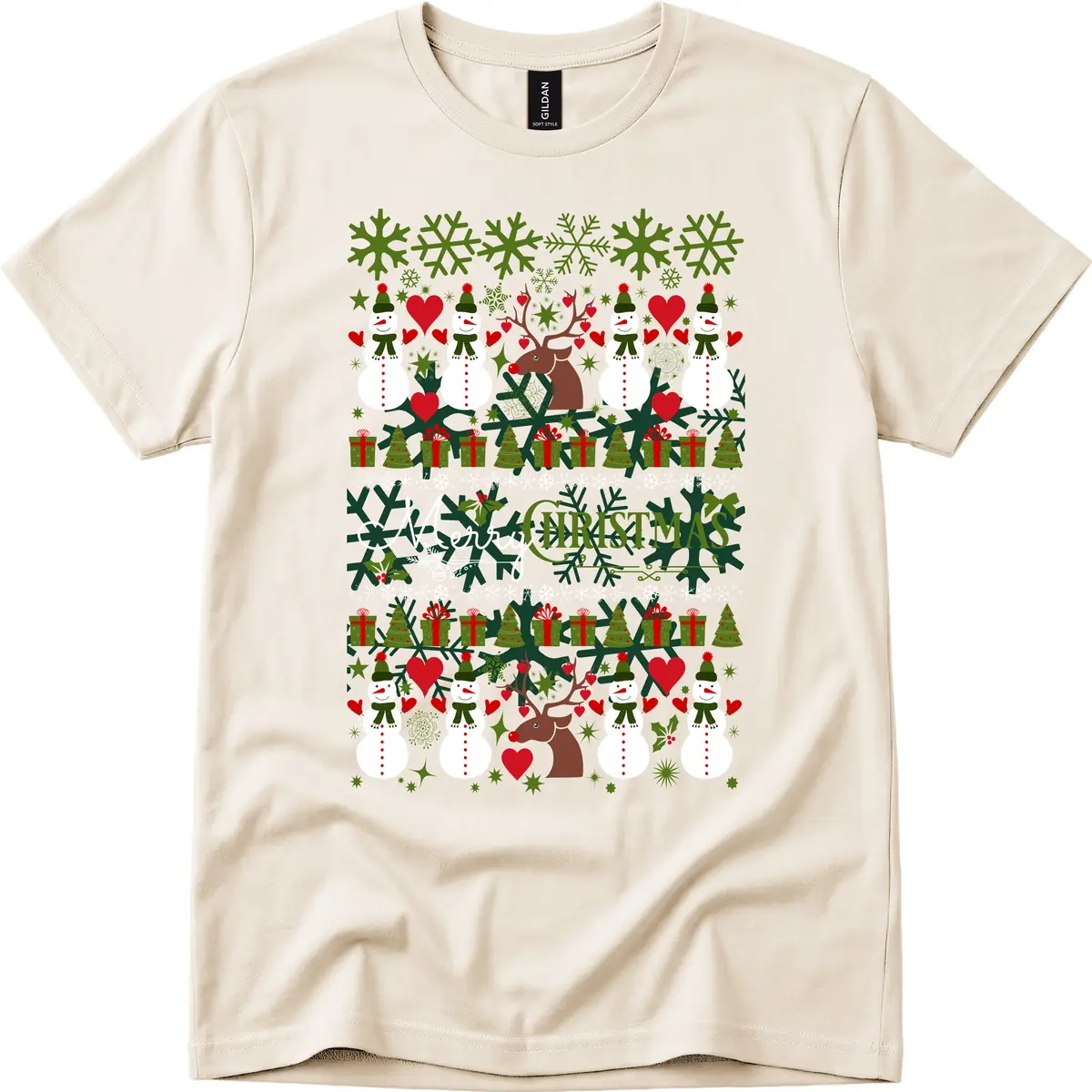 Merry Snowman Christmas Pattern T-Shirt in Natural