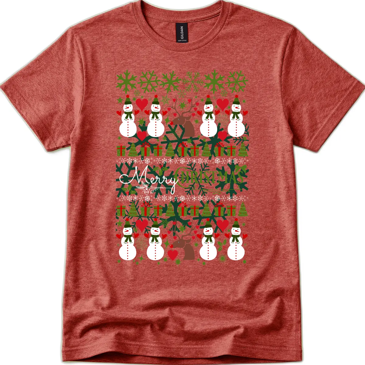 Merry Snowman Christmas Pattern T-Shirt in Heather Cardinal
