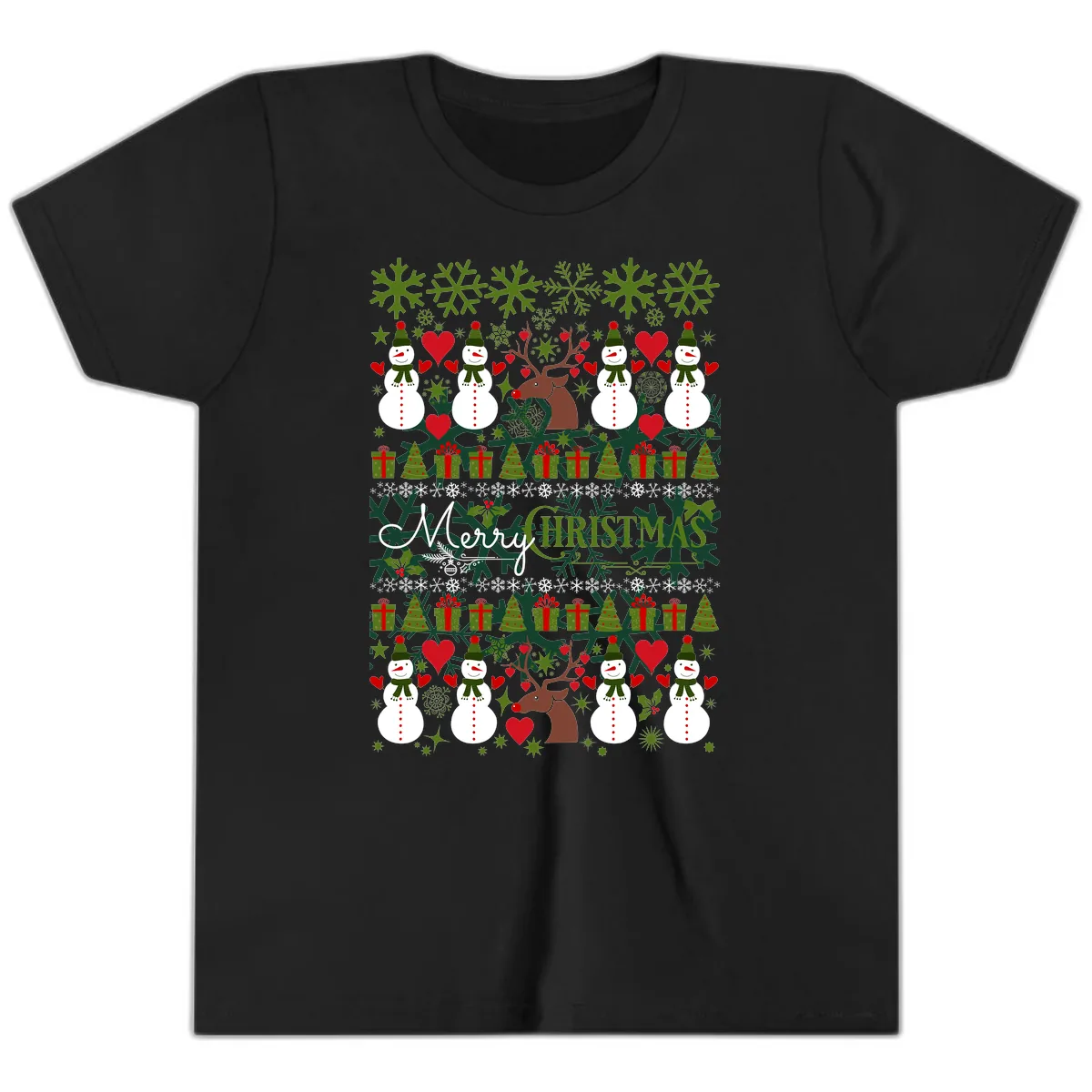 Merry Snowman Christmas Pattern Youth T-Shirt in Black