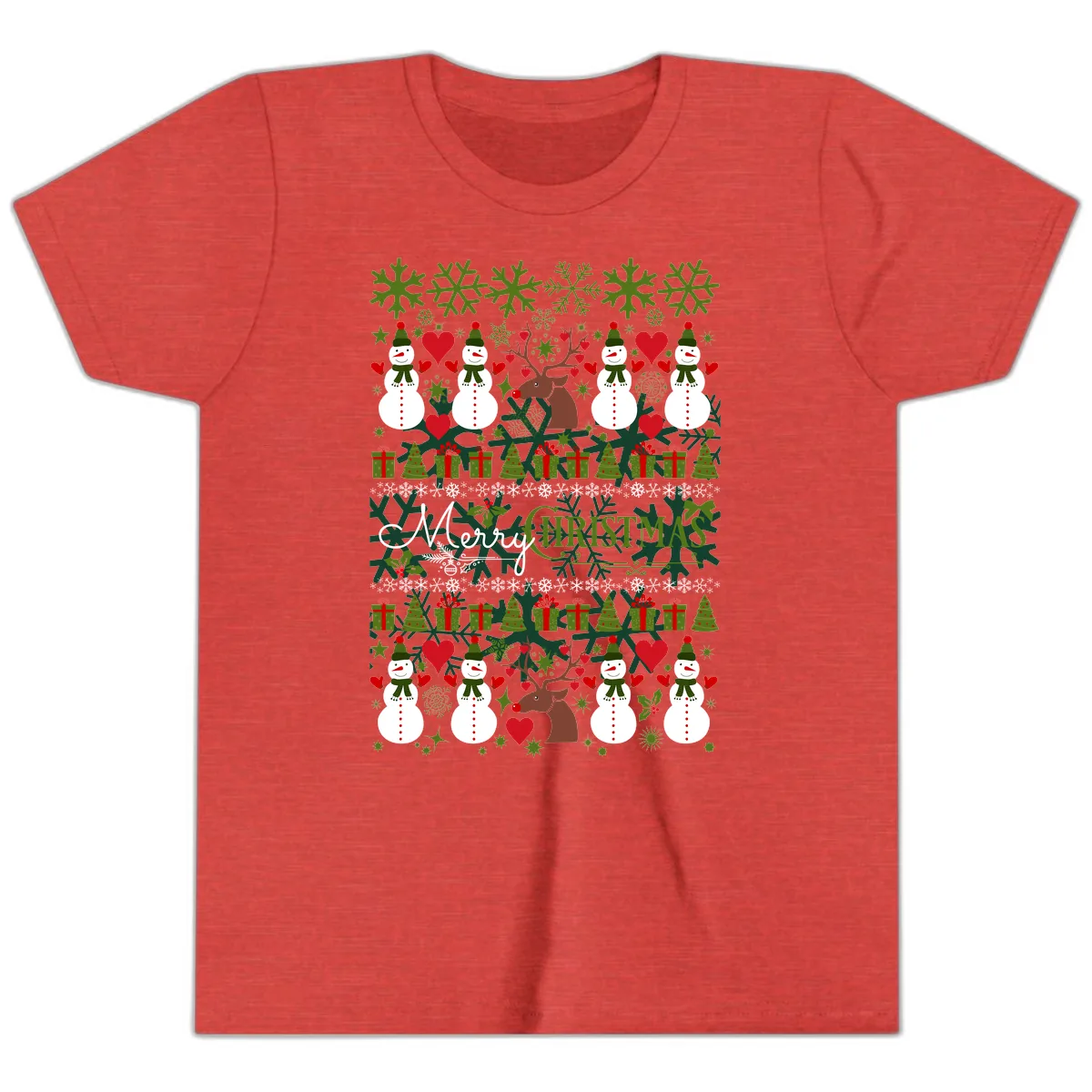Merry Snowman Christmas Pattern Youth T-Shirt in Heather Red