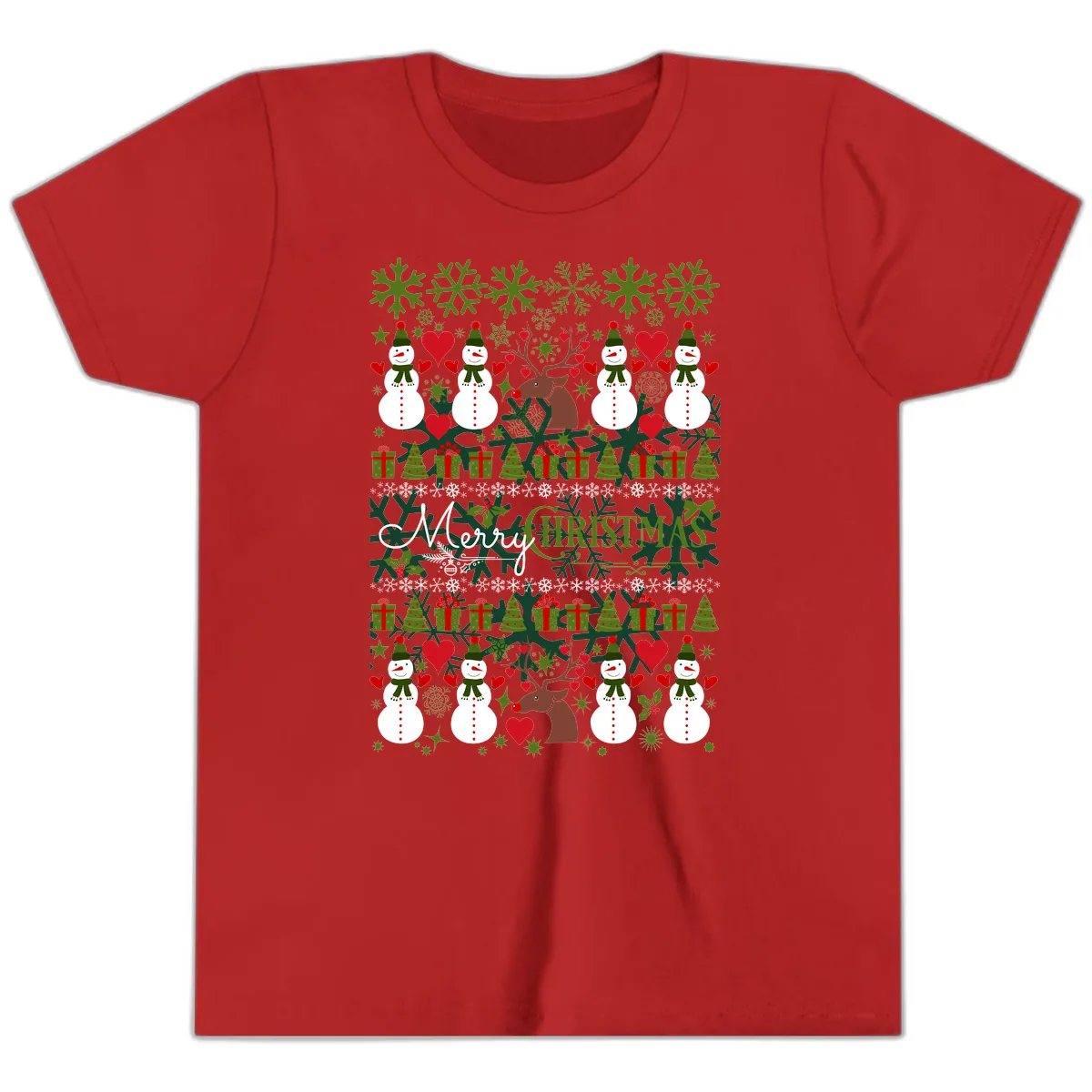 Merry Snowman Christmas Pattern Youth T-Shirt in Red