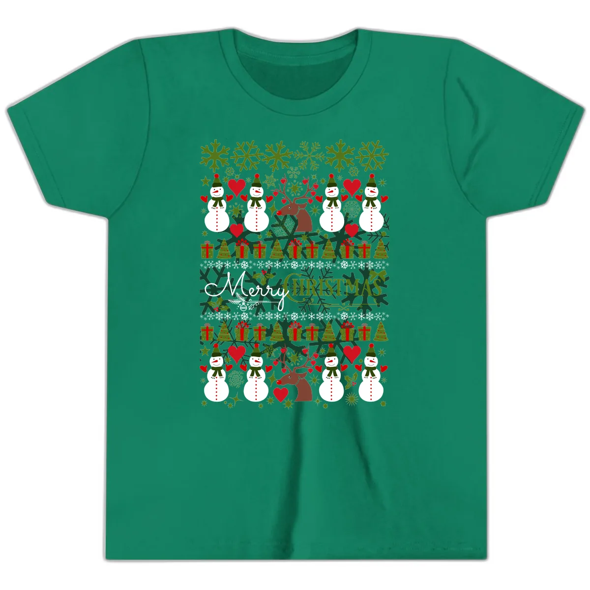 Merry Snowman Christmas Pattern Youth T-Shirt in Kelly
