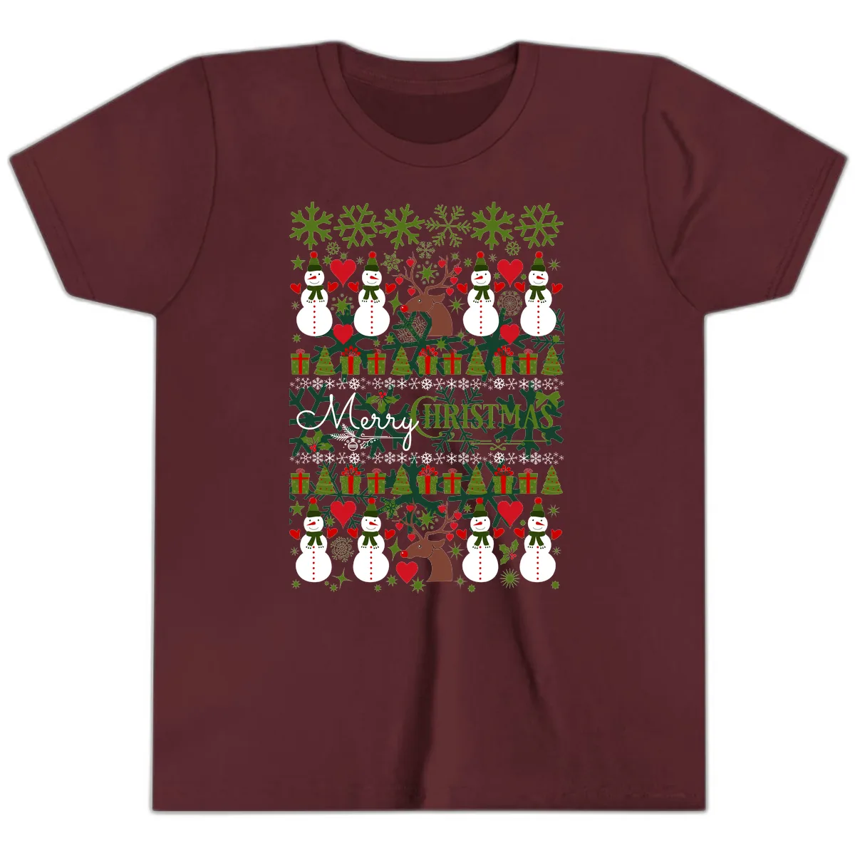 Merry Snowman Christmas Pattern Youth T-Shirt in Maroon