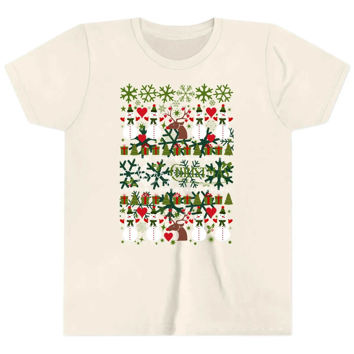 Merry Snowman Christmas Pattern Youth T-Shirt in Natural