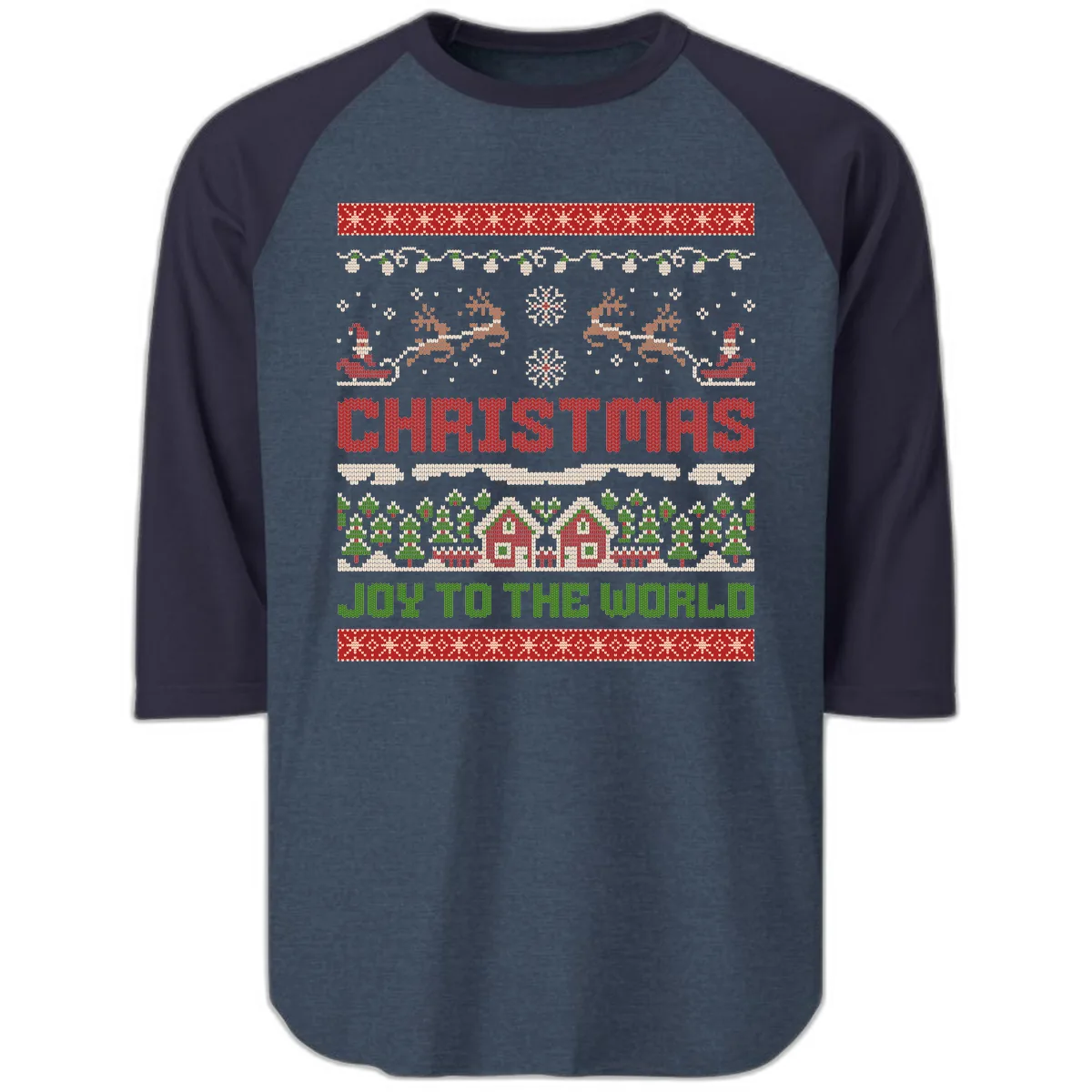 Christmas Joy All Over Print Raglan 3/4 in Heather Denim Navy