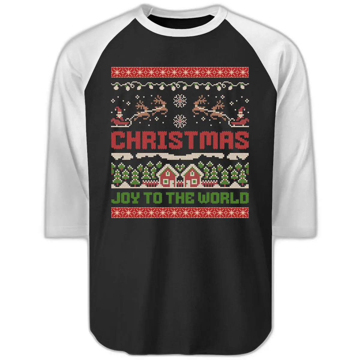 Christmas Joy All Over Print Raglan 3/4 in Black White